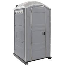 Portable gray outdoor restroom trailer with arched roof and single entry door